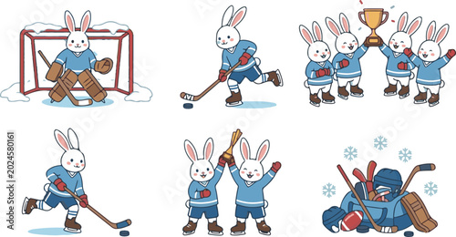 Photography Rabbits playing ice hockey with sticks and puck on white background