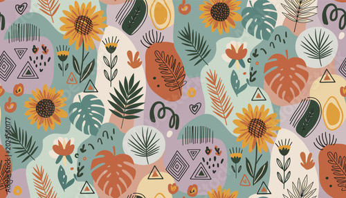 A vibrant and whimsical seamless pattern featuring sunflowers, tropical leaves, and abstract organic shapes in a retro color palette.