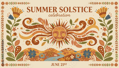 Schilderij op canvas A vibrant folk art illustration celebrating the Summer Solstice on June 21st, featuring a stylized sun, floral patterns, and a serene landscape