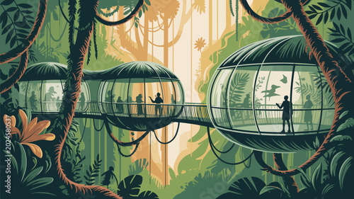 Futuristic eco-lodge, jungle habitat, glass domes, sustainable architecture, tropical forest