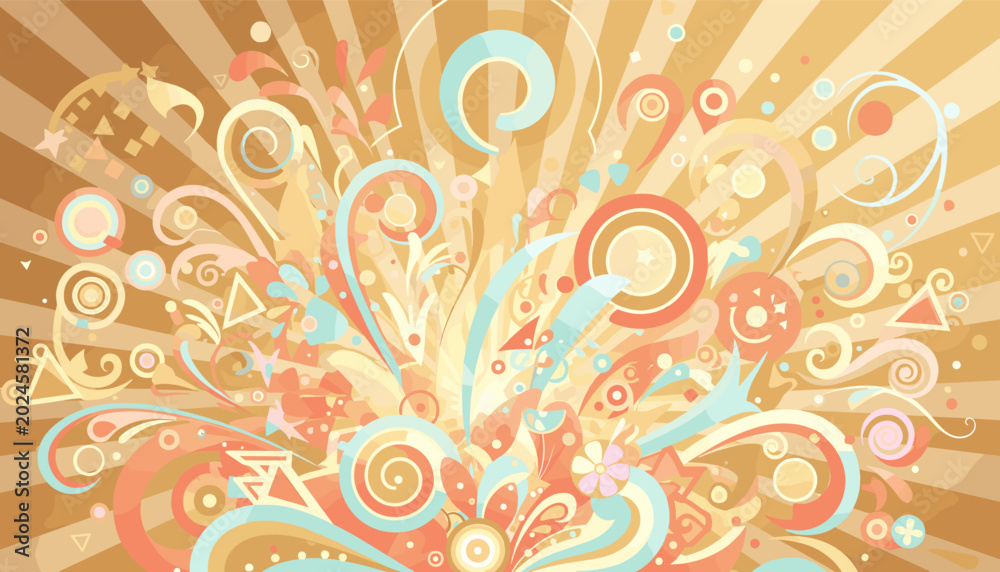 Fototapeta premium A vibrant abstract illustration featuring an explosion of decorative swirls, circles, stars, and floral motifs in warm golden and pastel tones.