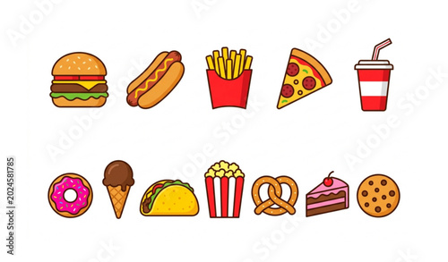 Fun flat fast food and snack icons vector set for apps and menus
