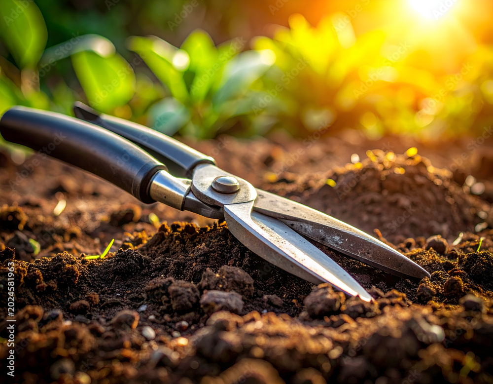 Obraz premium Garden shears lying on the soil in warm sunlight; gardening tool in the garden