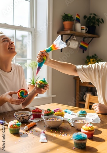 Friends Decorating Rainbow Cupcakes Together In Bright Cozy Kitchen Celebration Scene