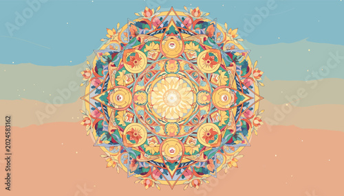Fotografia Intricate and colorful mandala art with detailed floral and geometric patterns on a serene gradient background