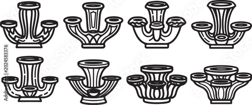 Photos Collection of twelve antique brass candlesticks vector illustration Vector