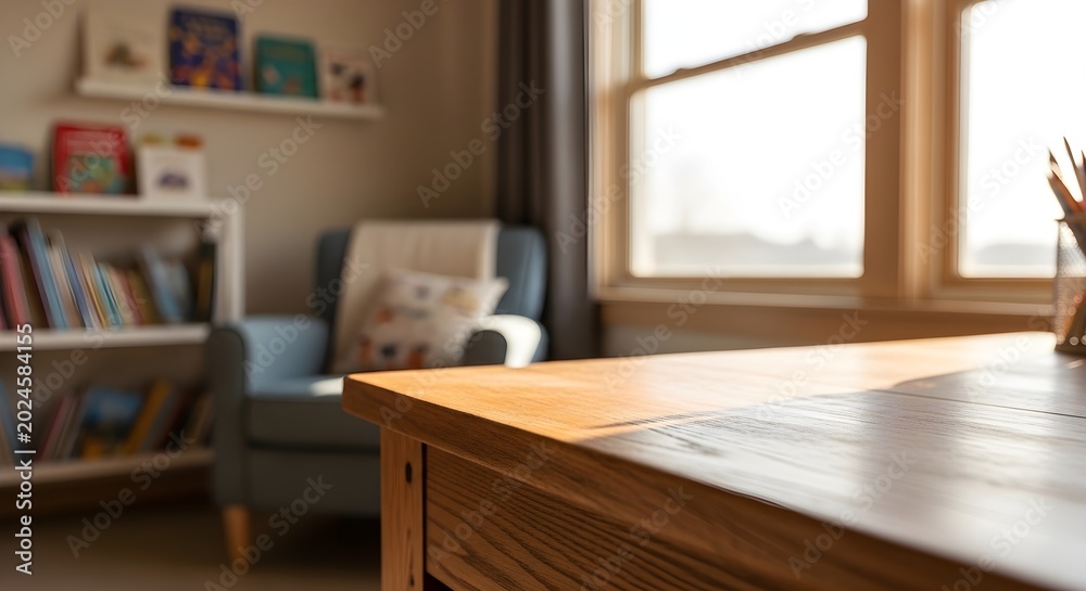 Fototapeta premium Cozy Reading Nook With Bookshelf And Sunlight Streaming Through Window