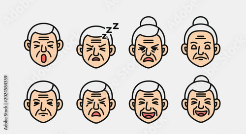 Billede på lærred Elderly face emotions set