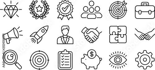 Obraz na płótnie Business and startup line icon set featuring diamond success rocket growth targe
