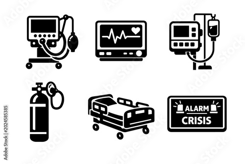 Critical care medical equipment icons depicting hospital emergency, intensive care unit, and life support technology