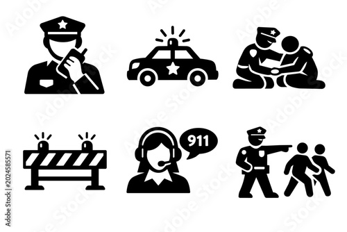 Police and law enforcement icons set illustrating security, emergency service, public safety, and crime prevention