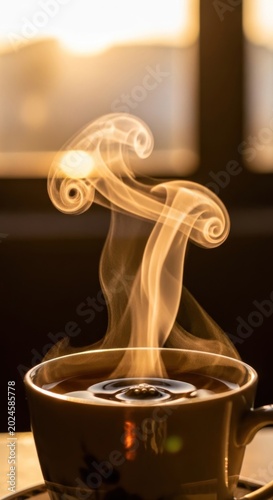A steaming hot cup of coffee with elegant swirls of vapor rising in warm morning sunlight.