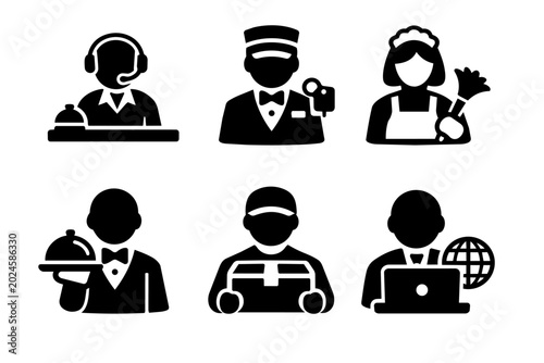 Diverse icons representing hotel employees and general service workers providing support and assistance in hospitality and logistics roles