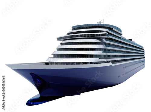Isolated modern luxury cruise ship with sleek blue hull and elegant white superstructure 3D render