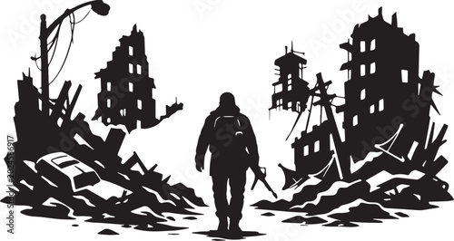 Foto A black and white silhouette of Lone survivor walking through a destroyed city v