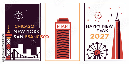 USA, US, U.S, United States - Set of city skylines and new year 2027 greeting cards with chicago new york miami and san francisco architecture icons and fireworks in modern flat vector style
