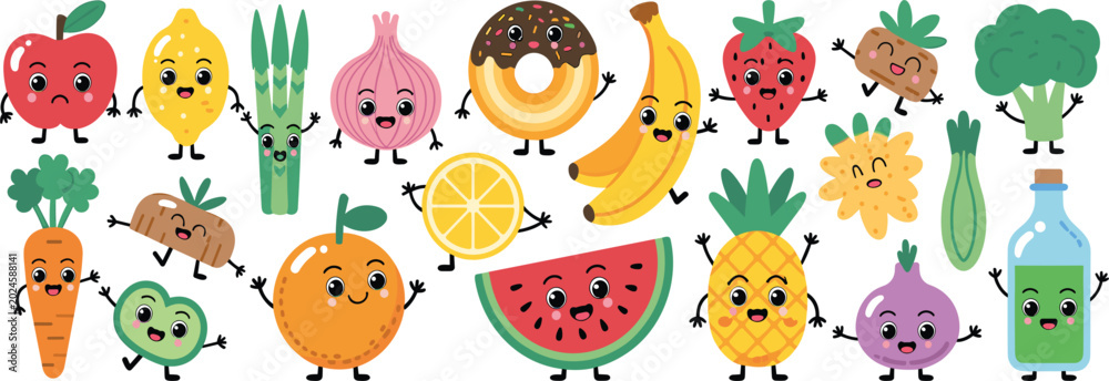 Naklejka premium Cute Kawaii Fruit and Vegetable Character Set with Apple, Banana, Watermelon, Pineapple, Broccoli, and Cartoon Food Mascot Illustrations for Kids Designs