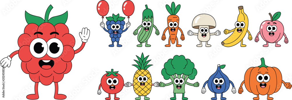 Obraz premium Cute Kawaii Fruit and Vegetable Character Set with Raspberry, Banana, Pumpkin, Pineapple, Broccoli, and Cartoon Food Mascot Illustrations for Kids Designs