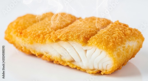 A close-up shot of a crispy, golden-brown battered cod fillet, served hot with a light texture and appetizing crunch on a plain surface, dish, cod, hot