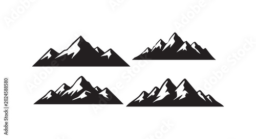 Four distinct mountain peaks silhouette collection for outdoor travel adventure logo and landscape design elements.