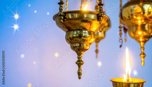 Festive golden lanterns with glowing candles