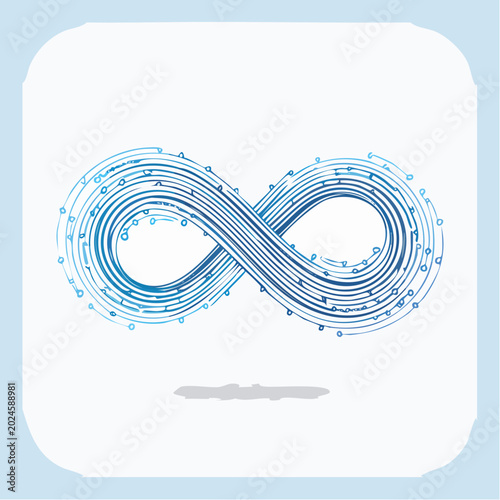 Abstract blue infinity loop symbol with data stream effect and scattered dots, isolated on a light blue background