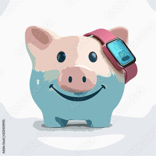 Happy piggy bank wearing a pink digital smart watch