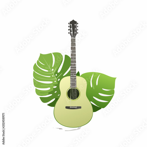 Minimalist acoustic guitar icon with vibrant green monstera leaves, isolated on transparent background