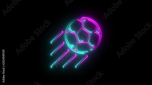 Dynamic glowing neon soccer ball soaring through darkness with electric speed lines - 4K digital animation video on black background.