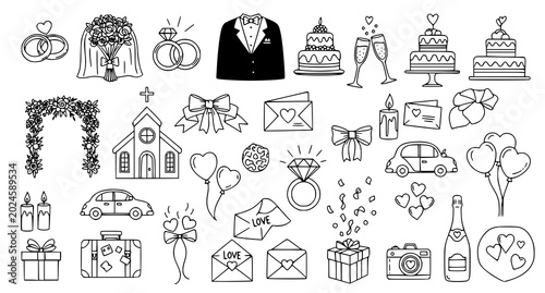 Fotografía Hand drawn wedding icon set with romantic celebration symbols and outline weddin