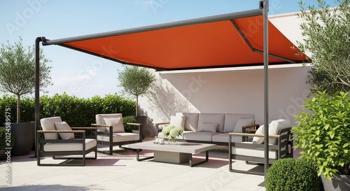 A luxurious outdoor terrace features a modern retractable fabric awning extending over stylish garden furniture on a bright summer afternoon, property, comfort, modern