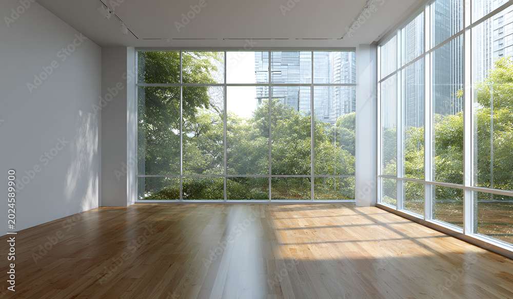Fototapeta premium An empty, sunlit room with hardwood flooring, large windows, and a cityscape and leafy trees visible outside. Simple, modern aesthetic