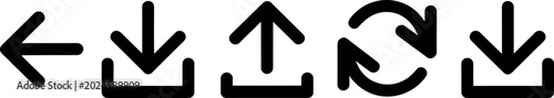 Minimalist black line icon set for cloud data management featuring upload download back arrow and sync refresh symbols for software interface 
