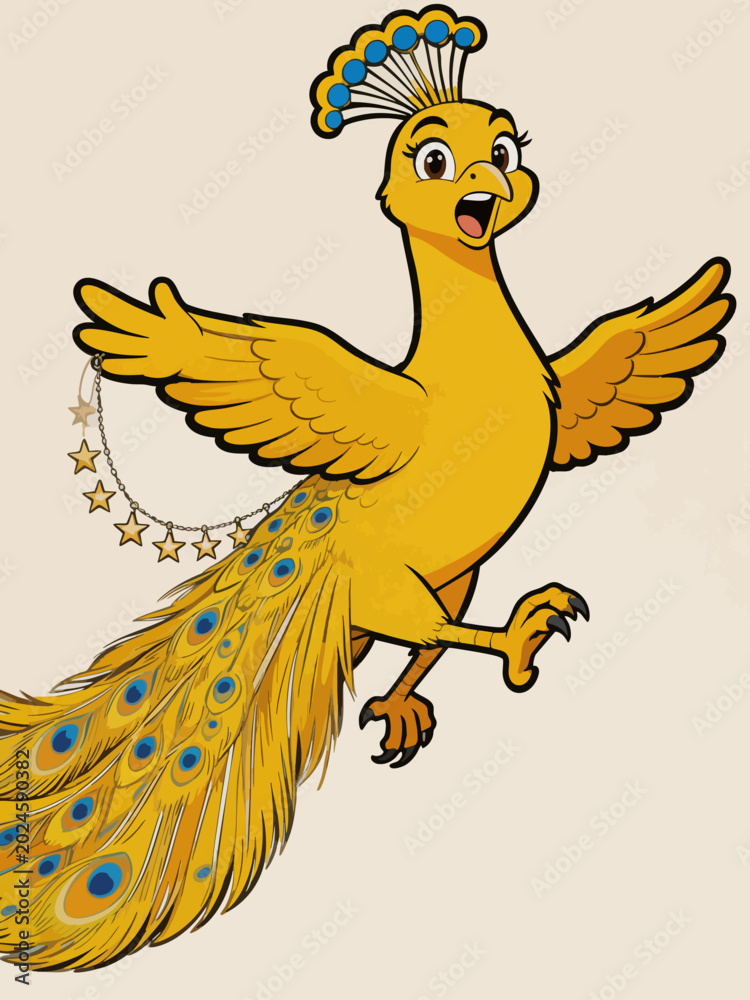 Fototapeta premium Cartoon Golden Peacock with Star Chain Decoration