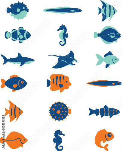 Collection of diverse aquatic sea creatures displayed as simple flat graphic icons for marine design projects