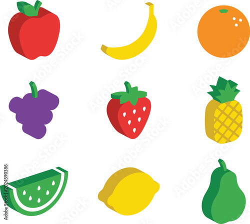 Collection of colorful fruit icons displayed as isometric elements in this vibrant digital graphic design illustration
