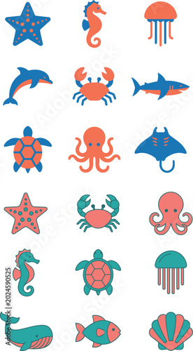 Collection of stylized flat vector icons featuring various colorful marine animals for modern creative graphic design