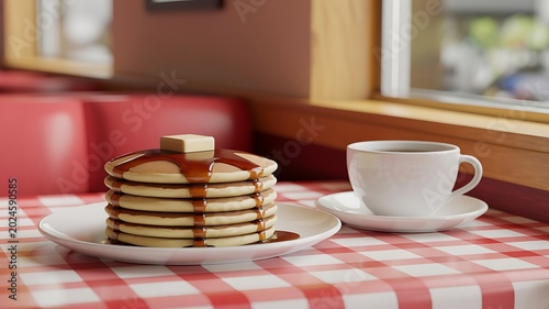 Stack of delicious pancakes with syrup and butter served with coffee in a diner