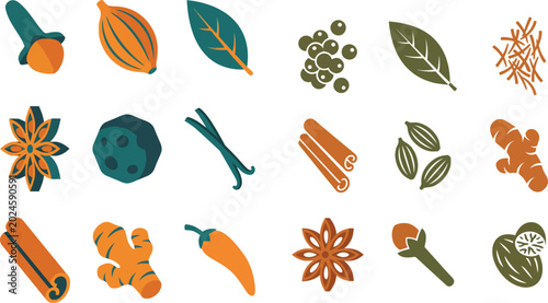 Colorful flat icons featuring various aromatic spices and herbs arranged in a clean grid pattern layout