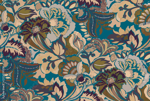 Exquisite vintage chintz seamless pattern featuring opulent Baroque-style floral blossoms and detailed acanthus foliage. Blending a rich tapestry texture with smooth painterly outlines and a Procreate