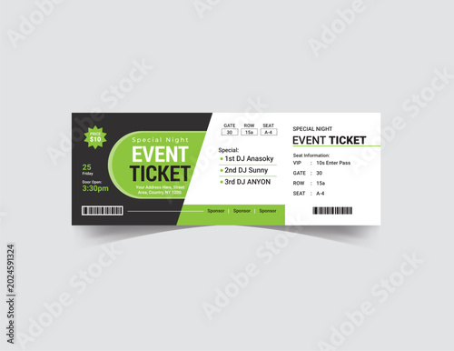 Modern event ticket template with green and black accents, professional concert admission pass, editable music festival entry voucher EPS