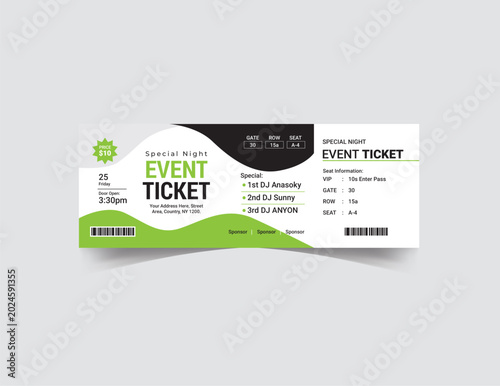 Modern event ticket template with green and black wavy design, professional concert admission pass, printable music festival voucher EPS