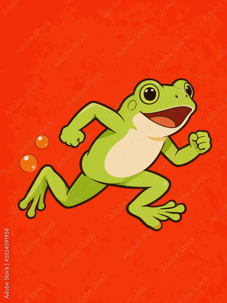 Fototapeta premium Cartoon green frog running with joyful expression