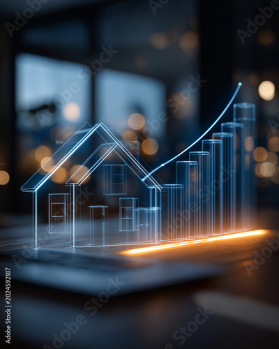 Digital Real Estate Growth: A futuristic blueprint of a house overlays a glowing bar graph indicating upward financial trend, symbolizing real estate investment growth and market analysis.