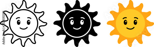 Cute sun icon set, vector illustration of smiling suns