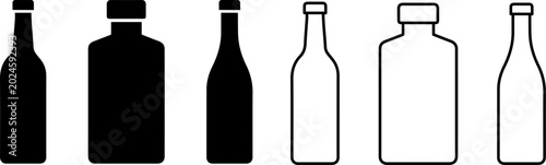 Set of various glass bottles icons, silhouettes and outlines