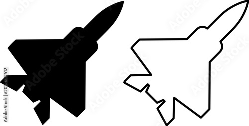 Silhouette and outline icons of a modern fighter jet aircraft