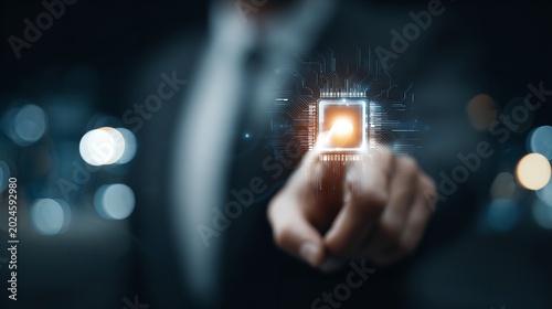 Businessman using a fingerprint scanner for biometric identification, under soft office light, highlighting modern technology and sleek design, serene