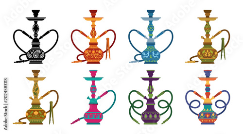 Collection of colorful hookah pipes on transparent background