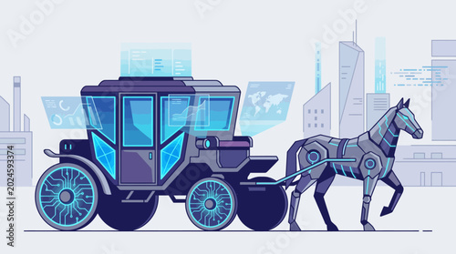 A futuristic horse-drawn carriage in the city.